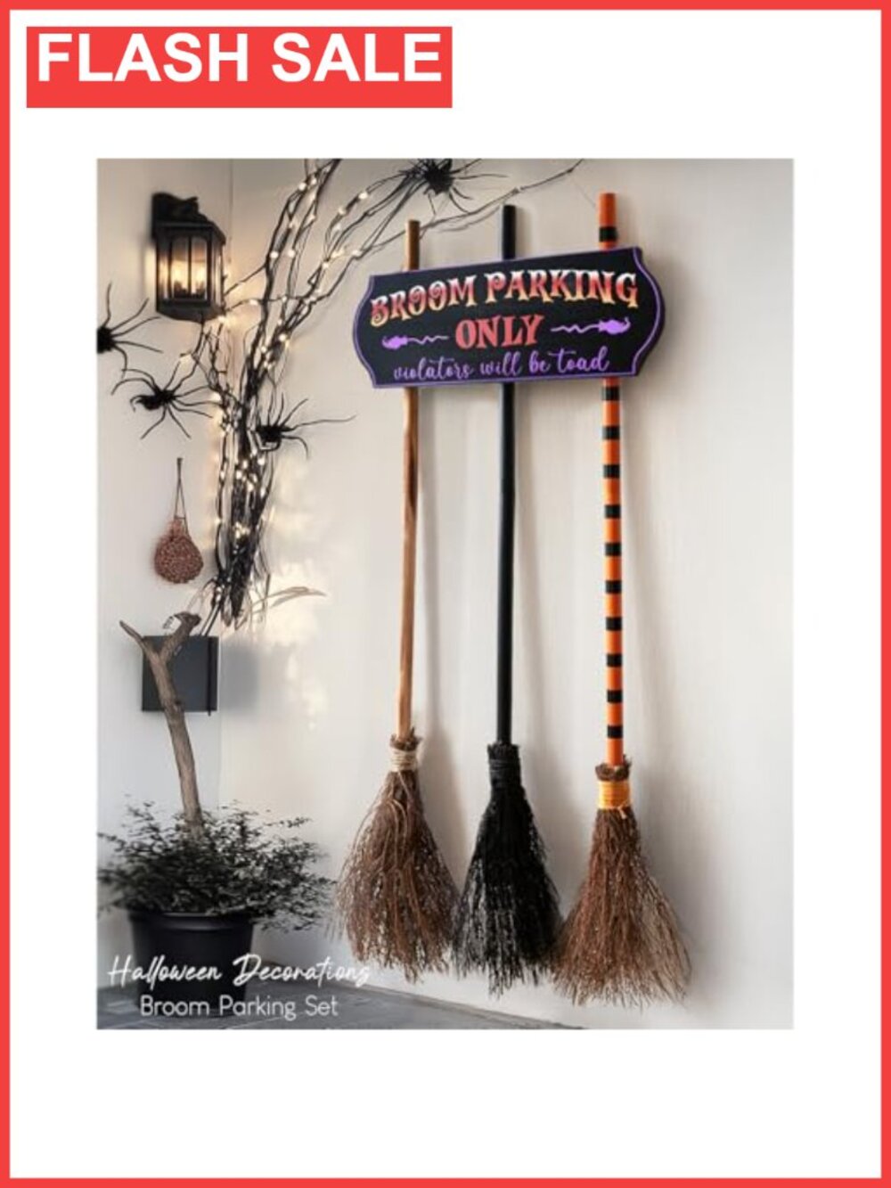 Halloween Broom Parking Sign with 3 Wooden Witches Brooms